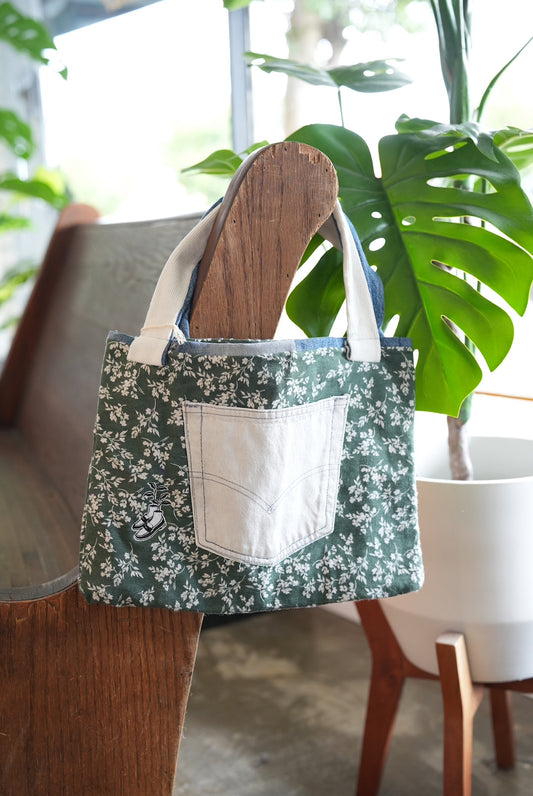 Upcycle Tote Bag (Floral & White Denim Pocket)